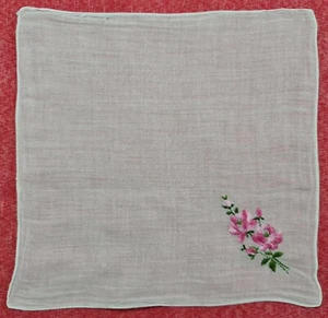 "PAÑUELO DE COLECCIÓN AUTÉNTICO ARTE FLORAL BORDADO ROSA BLANCO ALGODÓN 10" - Imagen 1 de 3