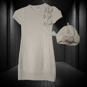 NWT Polly Flinders Girls Heirloom Sweater Dress & Beret Hat sz 4 Ivory Gold Bows - Picture 1 of 15