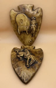 Plaster/Chalk Ware Arrowhead Shaped Cowboy/Wagon/Horse Wall Hangings Brown - Picture 1 of 8