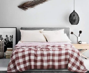 Lightweight Cooling Bamboo Cotton Blanket Queen Size Wine Color Checkered - Picture 1 of 11