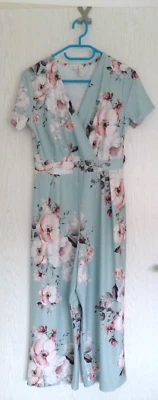 Jumpsuit Bonprix 36 38 Rosen Blumen Mint rosa Retro Look Vintage Style Gürtel - Bild 1 von 4