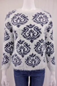 ATMOSPHERE FLUFFY KNITTED JUMPER SWEATER BLACK IVORY BAROQUE PRINT SHAGGY SIZE S - Picture 1 of 6