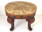 Antique Carved Wood Roses and Parquetry Footstool with Upholstered Top