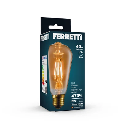 Ferretti - ST64 Amber Squirrel Cage E27 LED Straight Filament Dimmable Bulb Pack - Image 1 of 2