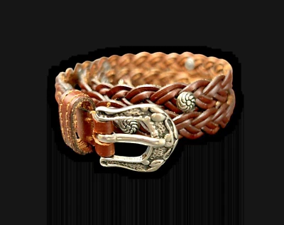Women's Leather Belt 36" Length Brown Woven Braided Silver Rivets Cowgirl Skinny - Image 1 of 4