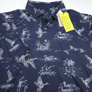 PUMA GOLF POLO SHIRT -M- WHITE NAVY BLUE DUCK BIRD HUNT DOT POLY PERFORMANCE - Picture 1 of 9