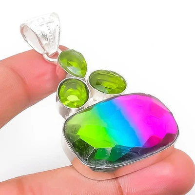 Bi-Color Tourmaline, Peridot Gemstone 925 Sterling Silver Jewelry Pendant 2.09" - Image 1 of 4