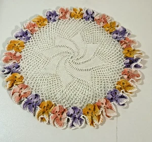 Vtg Handcrafted Crocheted Pinwheel Multicolour Pansy Flower Doily - Picture 1 of 4