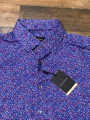 Bugatchi Shirt Mens Large Blue Dressy 8 Way Stretch Floral Ooohcotton Tech - Image 1 of 4