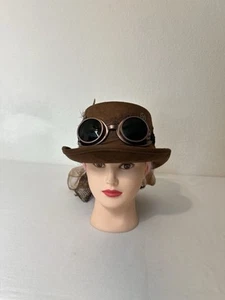 Steampunk Top Hat Brown Feather Mesh Bow Goggles Band Adult Cosplay Aprox 21.5 “ - Picture 1 of 6