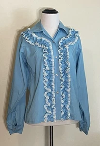 Camisa Blusa Para Mujer De Colección Perla A Presión Western Volantes Azul - Imagen 1 de 9