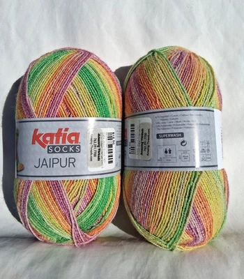 2 x Katia Socks Jaipur Sz2 cotton / wool GREEN ORANGE ORCHID 100 g each. Italy - Image 1 of 3