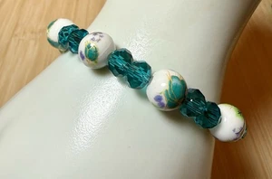 Teal Floral Porcelain & Crystal Styled Spacers Stretch Bracelet - Picture 1 of 2