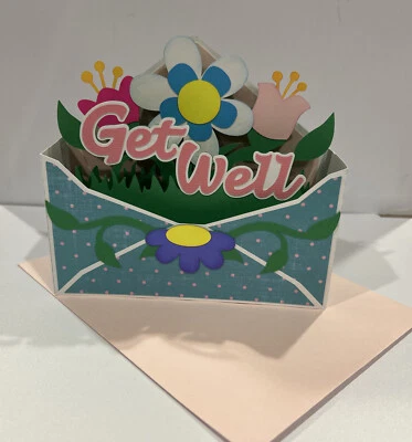Get Well Floral Envelope Card 3D Handmade Paper Pierced  - Image 1 of 4