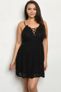 Womens Plus Size Black Lace Babydoll Dress 2XL Spaghetti Strap Crossed Neckline - Picture 1 of 2