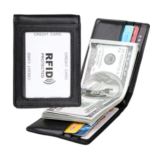Cartera RFID de cuero para hombre delgada doble pliegue clip para dinero bolsillo frontal porta tarjetas de crédito - Imagen 1 de 7