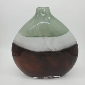 Pier One Imports Tear Drop 10" VASE Glass Hand Blown Heavy Green Brown Striped - Picture 1 of 11