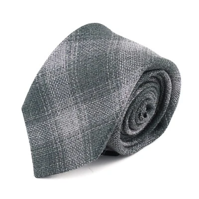 Kiton Napoli 7 折叠森林绿色和灰色编织格子羊毛领带全新带标签 — 第 1/4 张图片