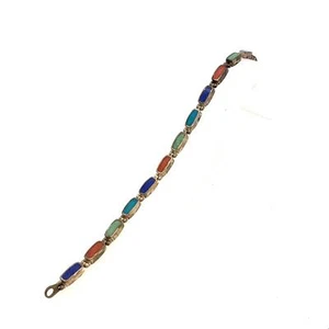 Vintage Signed Sterling WJ Waldeck Johnson Inlay Multi Stone Link Bracelet sz 7 - Picture 1 of 9