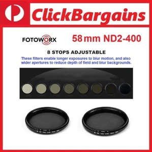 Fotoworx 58mm ND2-400 Variable Fader Camera Lens Filter / 58 mm ND 2 4 8 16 400 - Foto 1 di 14