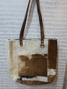 CHARLIE PAIGE Patchwork Cowhide Shoulder Bag Purse Brown Black White - Picture 1 of 4
