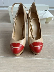 CHARLOTTE OLYMPIA HIGH HEEL PLATFORM PUMP BEIGE RED 37 NIB - Picture 1 of 9