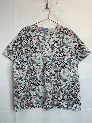 Scrub Advantage Women 1X Graphic Butterflies & Flowers V- Neck Scrub Uniform Top - Image 1 of 4