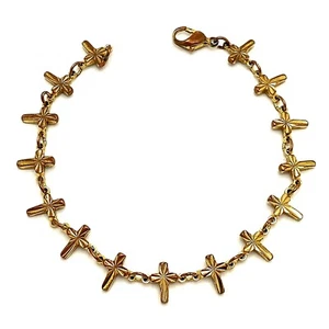 Bracciale vintage oro su ottone inciso croce catena 7 1/4 pollici - Foto 1 di 7