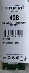 Crucial 4GB DDR3 1600Mhz PC3-12800 RAM Memory 204-Pin SoDIMM CT51264BF160BJ - Picture 1 of 3
