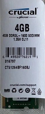 Crucial 4GB DDR3 1600Mhz PC3-12800 RAM Memory 204-Pin SoDIMM CT51264BF160BJ - Image 1 of 3