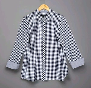 TALBOTS Top Women's Large Checkerd Gingham Roll Up Button Up Collar Blouse - Picture 1 of 5