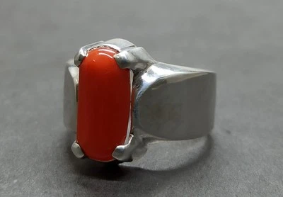 Natural Deep Red Coral Sterling Silver 925 Handmade Marjaan Plain Mens Ring - Image 1 of 4
