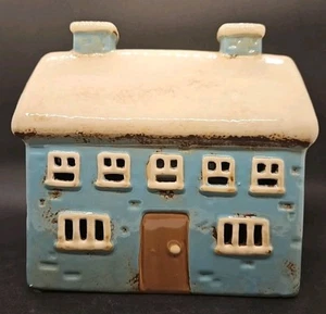 Portavelas casa azul grande cerámica esmaltada pintada a mano cerámica artística - Imagen 1 de 7