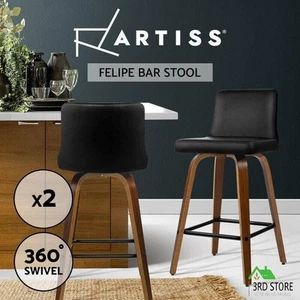 Artiss 2x Kitchen Wooden Bar Stools Swivel Bar Stool Chairs Leather Luxury Black - Picture 1 of 12