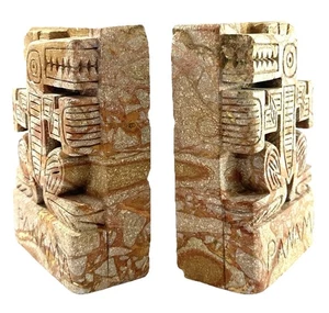Vintage Panama Carved Stone Tribal Motif Bookends – Brown & Tan Marble - Picture 1 of 5