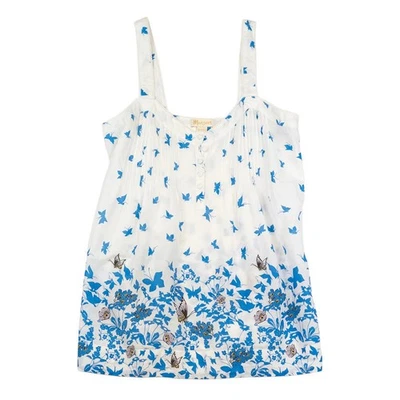 Chaleco Cami Monzón Top UK 10 Blanco Azul Estampado Floral Mariposa 100% Algodón Foto 1 de 4