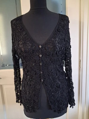 F&F Lovely Black Beaded Crochet Long Sleeved Cardigan 12-14 - Image 1 of 4