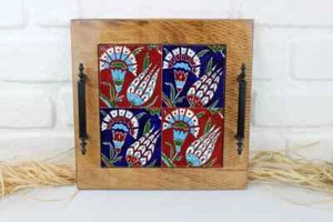 HANDMADE UNIQUE TILE PAINTED WOODEN SERVING TRAY WITH HANDLES – BOHO DECOR - Picture 1 of 10