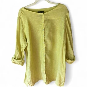 Tahari Yellow 100% linen button down gauzy tunic top shirt 2X beachy boho - Picture 1 of 9