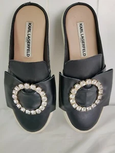 Karl Lagerfeld Elle Paris Black Mules Slides Sneakers Jewel Embellished Sz 5.5M - Picture 1 of 8