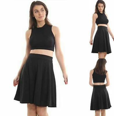 Women's Ladies Knee Length Midi Skater Swing Flared Jersey Stretchy Skirt - Image 1 of 3