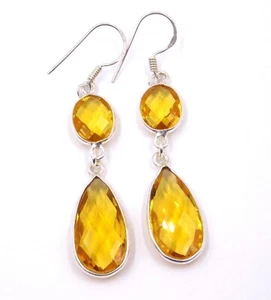 4.Gm 925 Sterling Silver Created Citrine Stone Handmade Bezel Earring 2.1" M2844 - Picture 1 of 5