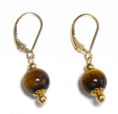 Pendientes colgantes de oro con cuentas redondas de piedras preciosas ojo de tigre amarillo de 6/8/10/12 mm Foto 1 de 3