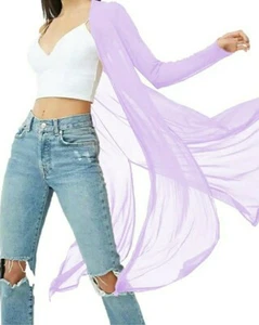 Women's Stylish Sheer Long Sleeve Cardigan Beach Cover Up Purple Medium Duster - Picture 1 of 1