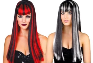 Damas HALLOWEEN Peluca Vampiro Morticia Adulto Flecos Sedoso Cabello Largo Bruja Gótica - Imagen 1 de 3