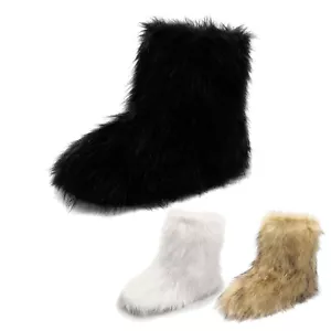 Women's Faux Fur Boot Furry Snow Boot Mid Calf Boots Warm Flat Winter Boots - Picture 1 of 12