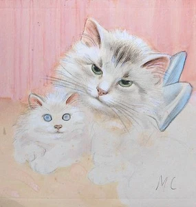 Mercy Creed. Fine early 20th animal portrait watercolour of cat and kittens - Picture 1 of 4