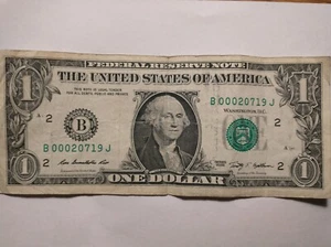 $1 Dollar Bill Low Serial Number Number B 00020719J* . - Picture 1 of 4