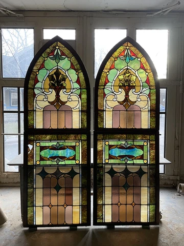 Pair of 102" Antique Cased Stained Glass 2 Piece Arched Church Windows AS IS Cover