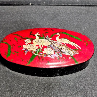 Japanese Lacquerware Birds Trees Red/Gold Handpainted Inlaid - Image 1 of 4
